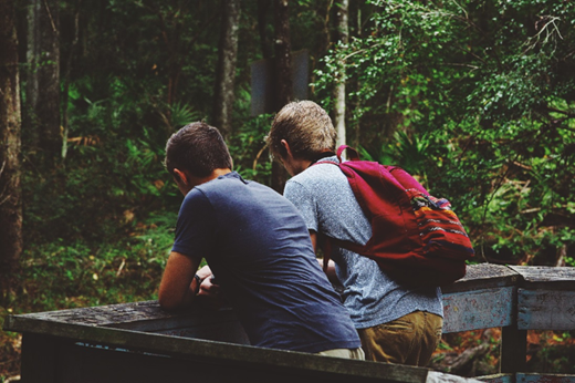 2 males with their backs faced to us looking out at rain forest