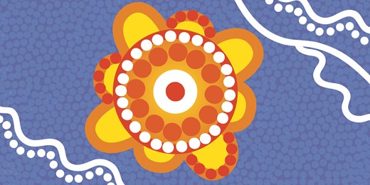 Aboriginal artwork orange icon on blue background